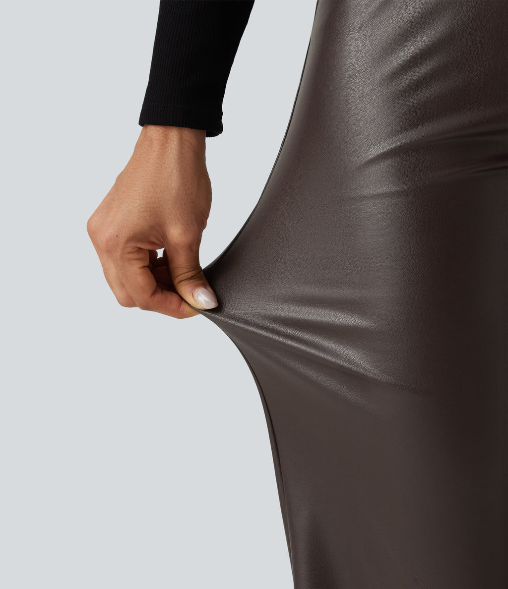 High Waisted Crossover Tummy Control Straight Leg Stretchy PU Fleece Casual Trousers with Pockets — Hot Fudge — view 6