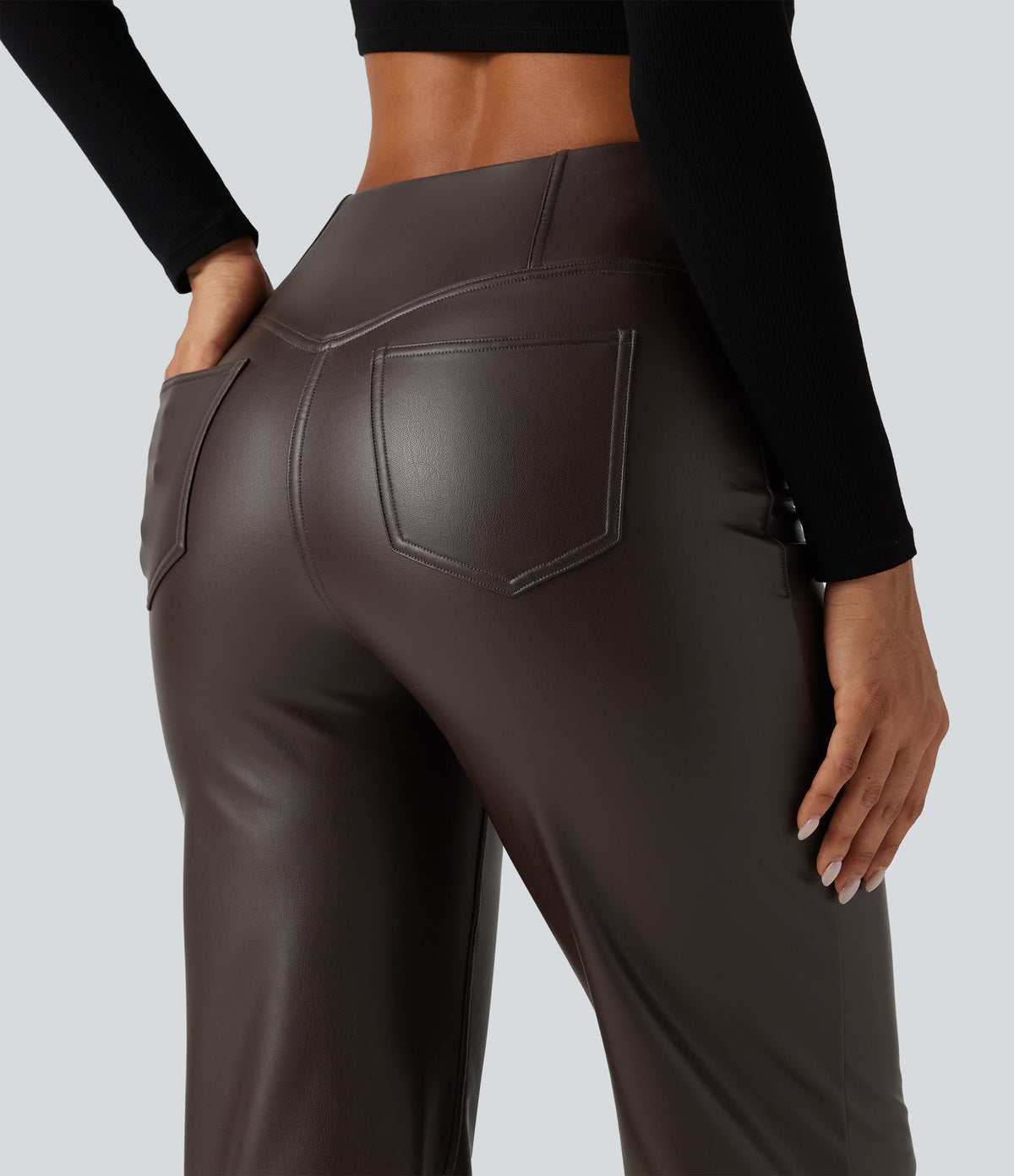 High Waisted Crossover Tummy Control Straight Leg Stretchy PU Fleece Casual Trousers with Pockets — Hot Fudge — view 5