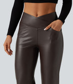 High Waisted Crossover Tummy Control Straight Leg Stretchy PU Fleece Casual Trousers with Pockets — Hot Fudge — view 4