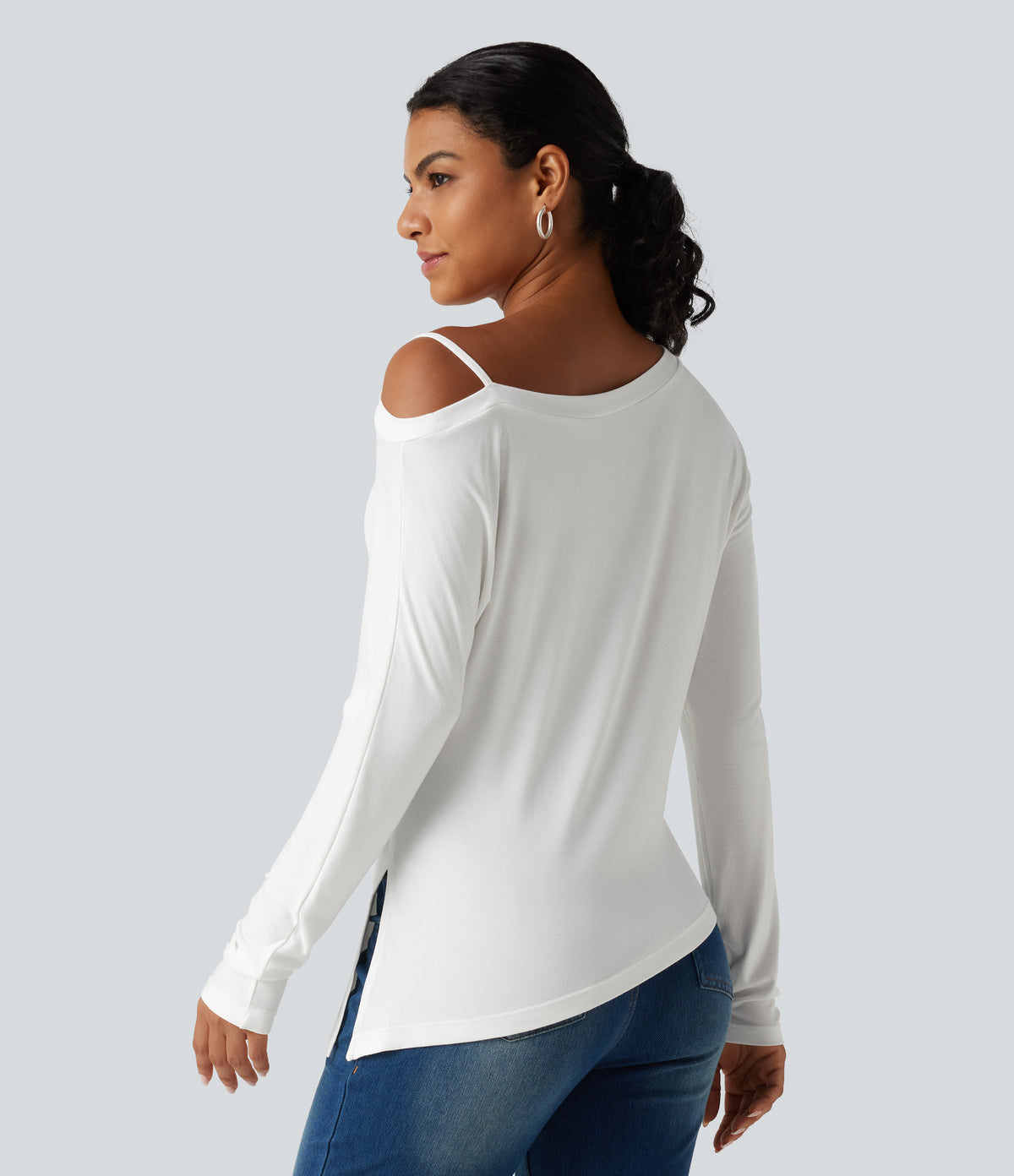 Ribbed One Shoulder Long Sleeve Asymmetric Hem Casual T-Shirt — White — view 2