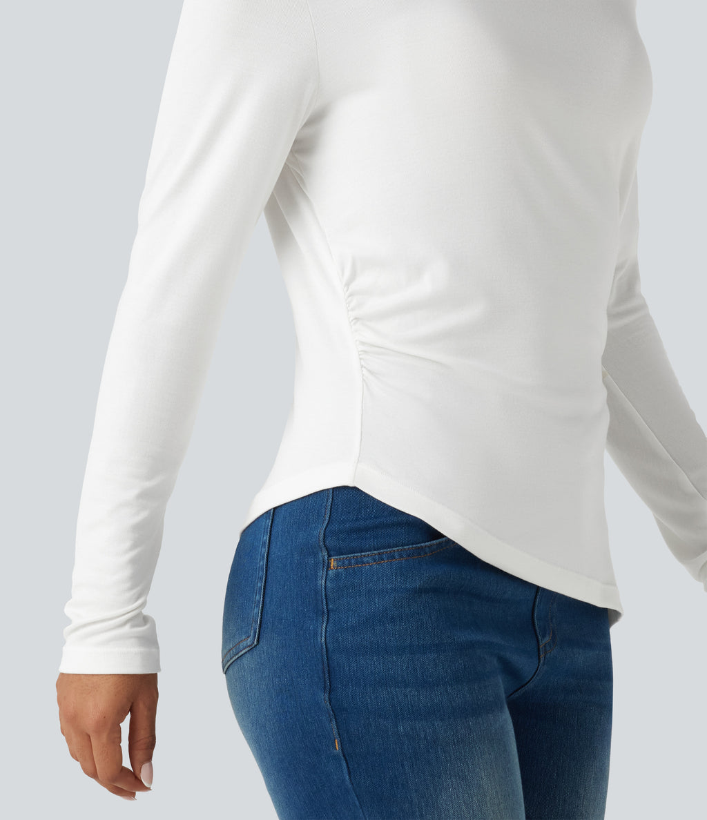 Ribbed One Shoulder Long Sleeve Asymmetric Hem Casual T-Shirt — White — view 6