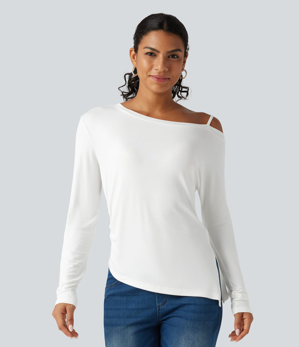 Ribbed One Shoulder Long Sleeve Asymmetric Hem Casual T-Shirt — White — view 3