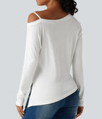 Ribbed One Shoulder Long Sleeve Asymmetric Hem Casual T-Shirt — White — view 5