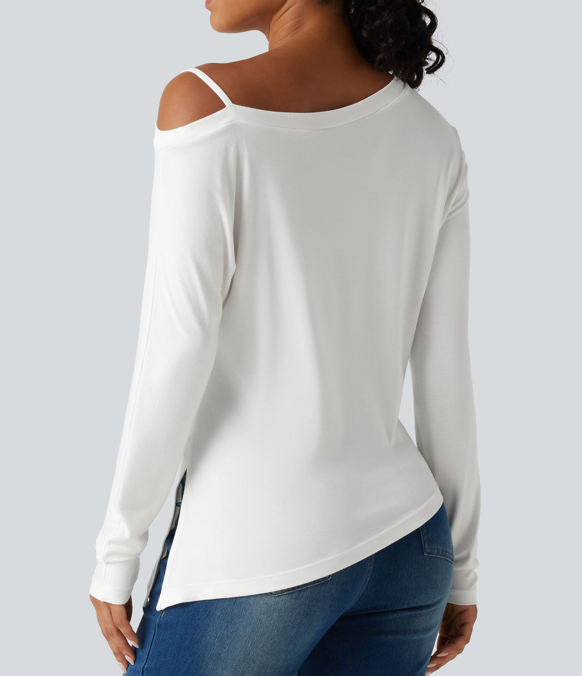 Ribbed One Shoulder Long Sleeve Asymmetric Hem Casual T-Shirt — White — view 5
