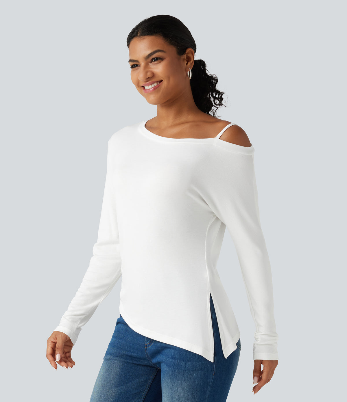 Ribbed One Shoulder Long Sleeve Asymmetric Hem Casual T-Shirt — White — view 4