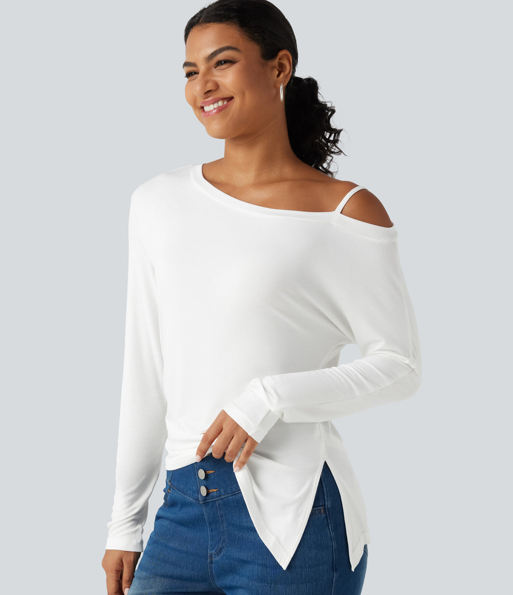Ribbed One Shoulder Long Sleeve Asymmetric Hem Casual T-Shirt — White — view 1