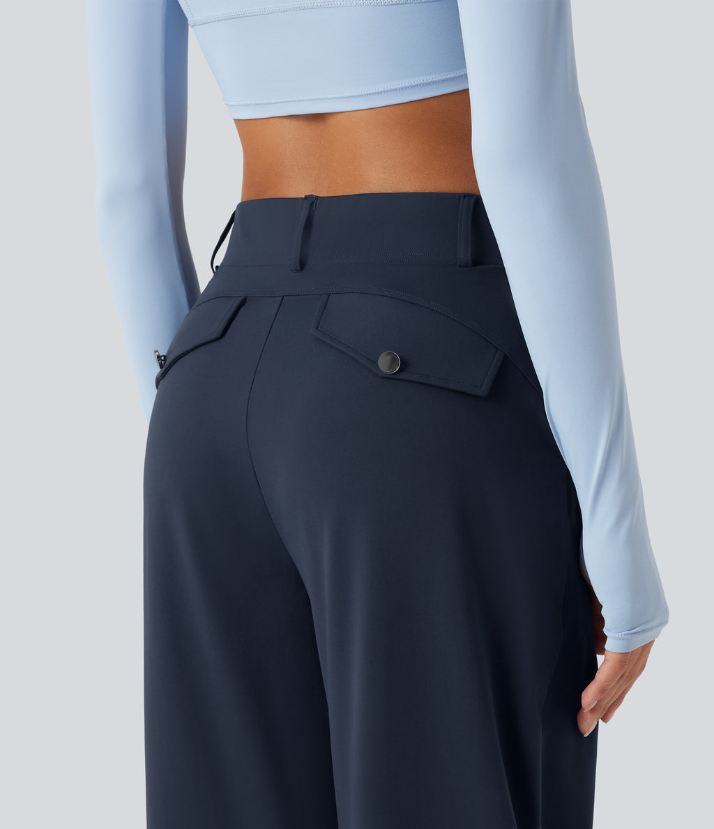 High Waisted Barrel Leg Dance Trousers with Pockets — Midnight Blue — view 5
