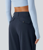 High Waisted Barrel Leg Dance Trousers with Pockets — Midnight Blue — view 5