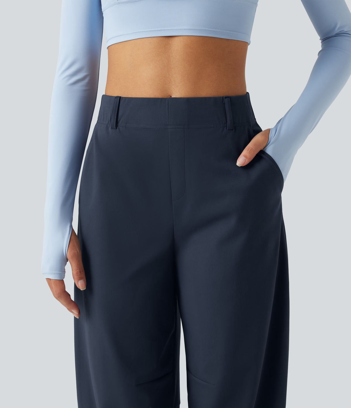 High Waisted Barrel Leg Dance Trousers with Pockets — Midnight Blue — view 4