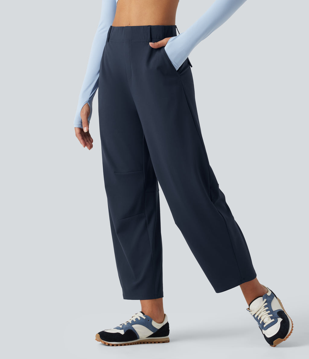 High Waisted Barrel Leg Dance Trousers with Pockets — Midnight Blue — view 3