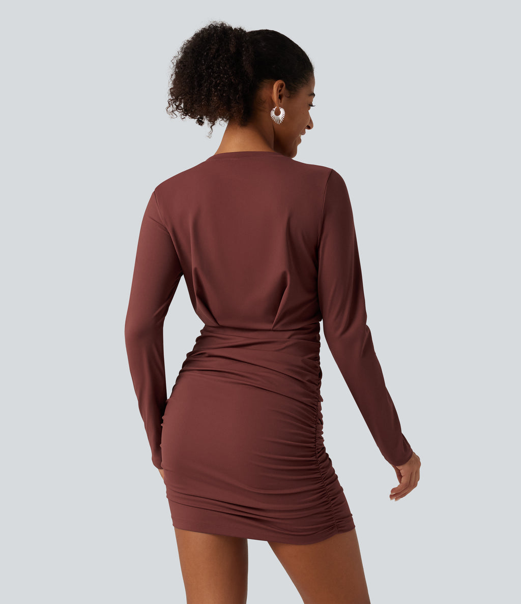 Airy Round Neck Long Sleeve Ruched InstantCool Bodycon Mini Party Dress — Madder Brown — view 2