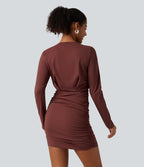 Airy Round Neck Long Sleeve Ruched InstantCool Bodycon Mini Party Dress — Madder Brown — view 2