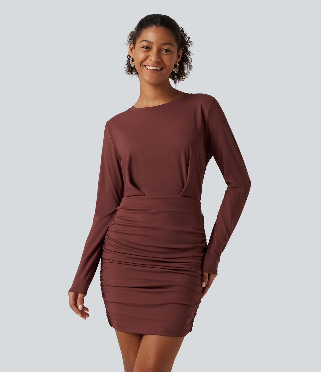 Airy Round Neck Long Sleeve Ruched InstantCool Bodycon Mini Party Dress — Madder Brown — view 1