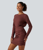 Airy Round Neck Long Sleeve Ruched InstantCool Bodycon Mini Party Dress — Madder Brown — view 3
