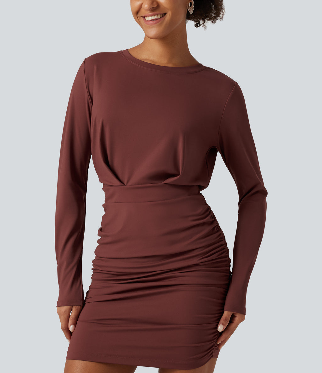 Airy Round Neck Long Sleeve Ruched InstantCool Bodycon Mini Party Dress — Madder Brown — view 4