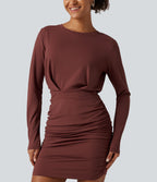 Airy Round Neck Long Sleeve Ruched InstantCool Bodycon Mini Party Dress — Madder Brown — view 4