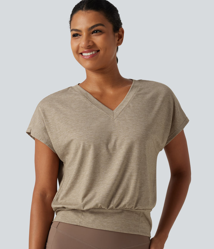 V Neck Batwing Short Sleeve Yoga Sports Top — Khaki Floral Yarn — view 1