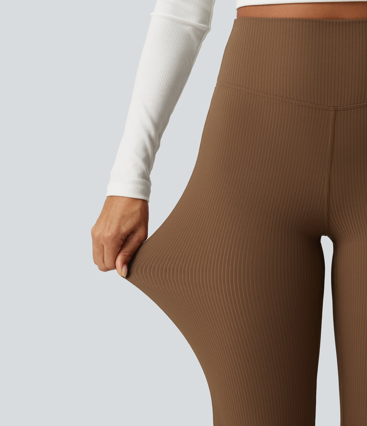 Ribbed High Waisted Bootcut Yoga Leggings with Pocket — Bison — view 7
