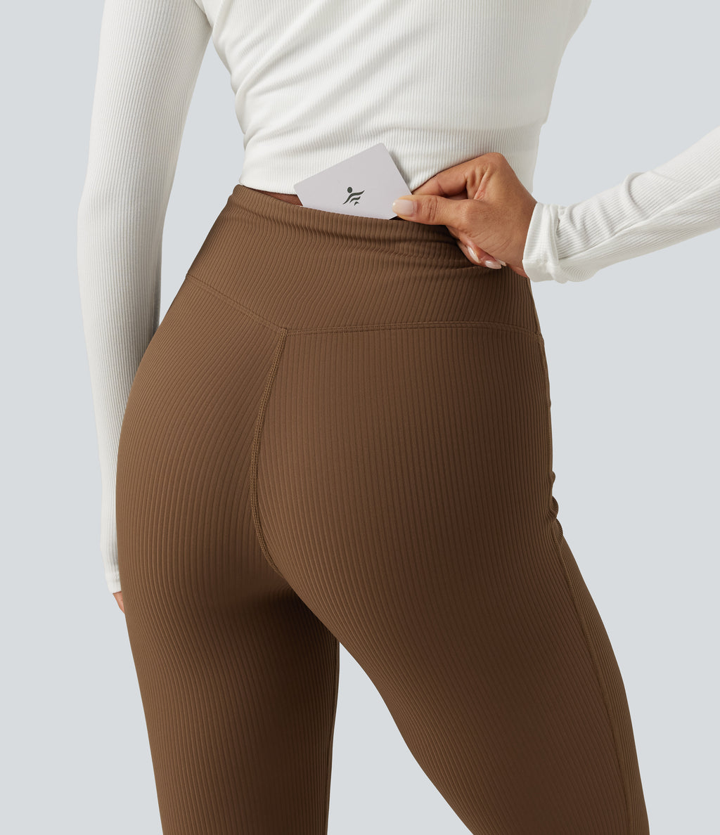 Ribbed High Waisted Bootcut Yoga Leggings with Pocket — Bison — view 6