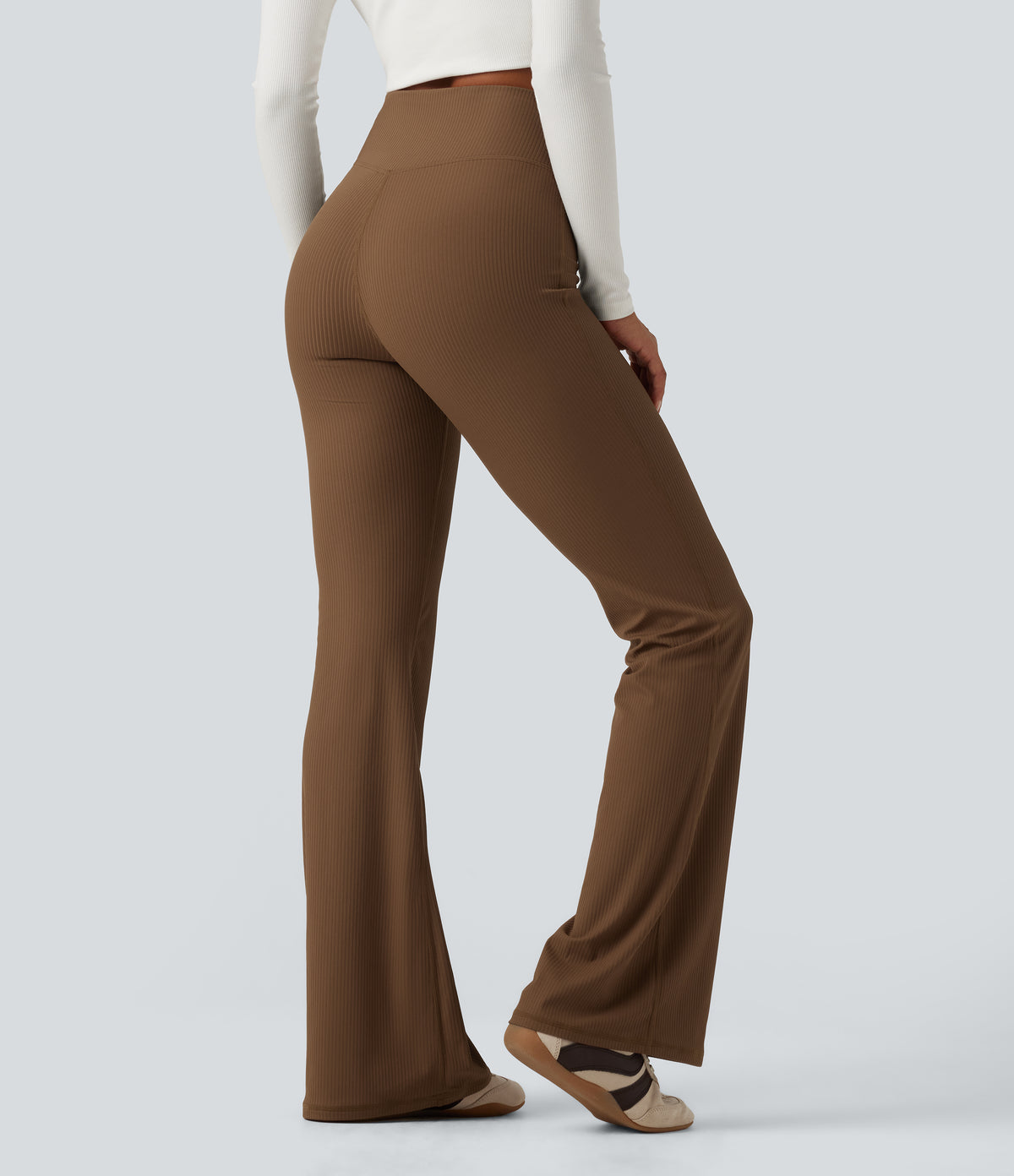Ribbed High Waisted Bootcut Yoga Leggings with Pocket — Bison — view 4