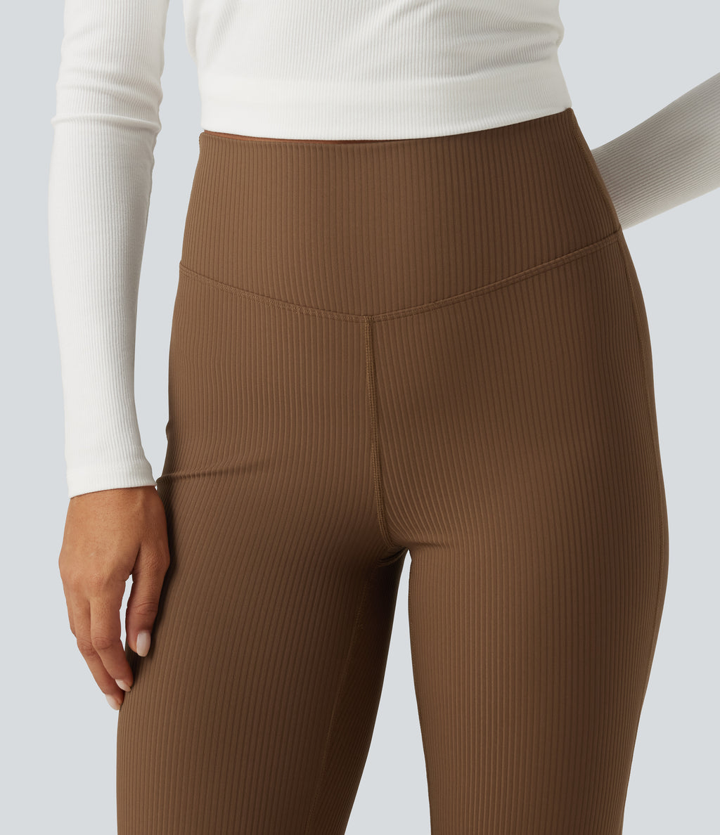 Ribbed High Waisted Bootcut Yoga Leggings with Pocket — Bison — view 5