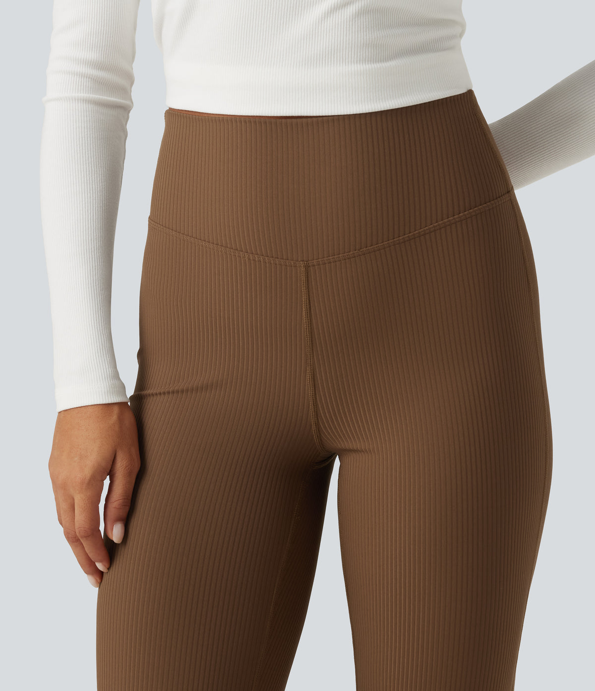 Ribbed High Waisted Bootcut Yoga Leggings with Pocket — Bison — view 5