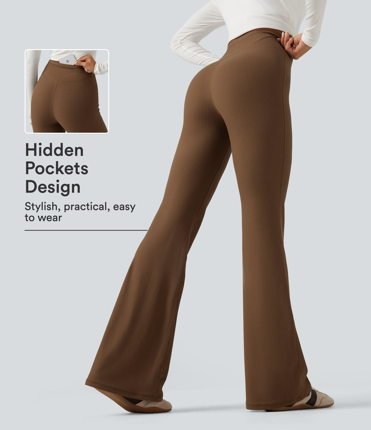 Ribbed High Waisted Bootcut Yoga Leggings with Pocket — Bison — view 1