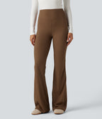Ribbed High Waisted Bootcut Yoga Leggings with Pocket — Bison — view 2