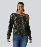 One Shoulder Long Sleeve Camo Casual Top — Born to be Wild - Green Camo — view 3