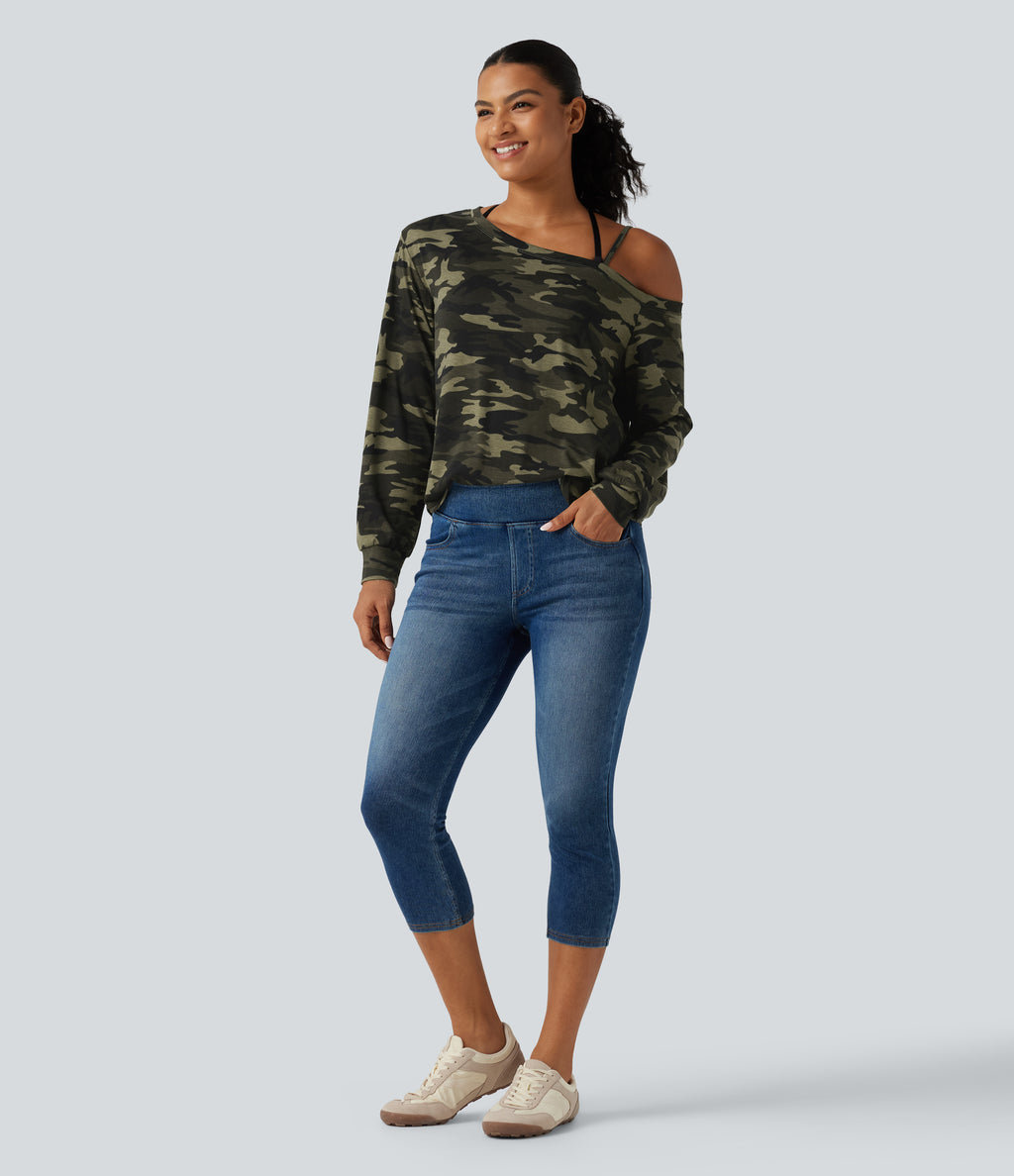 One Shoulder Long Sleeve Camo Casual Top — Born to be Wild - Green Camo — view 7