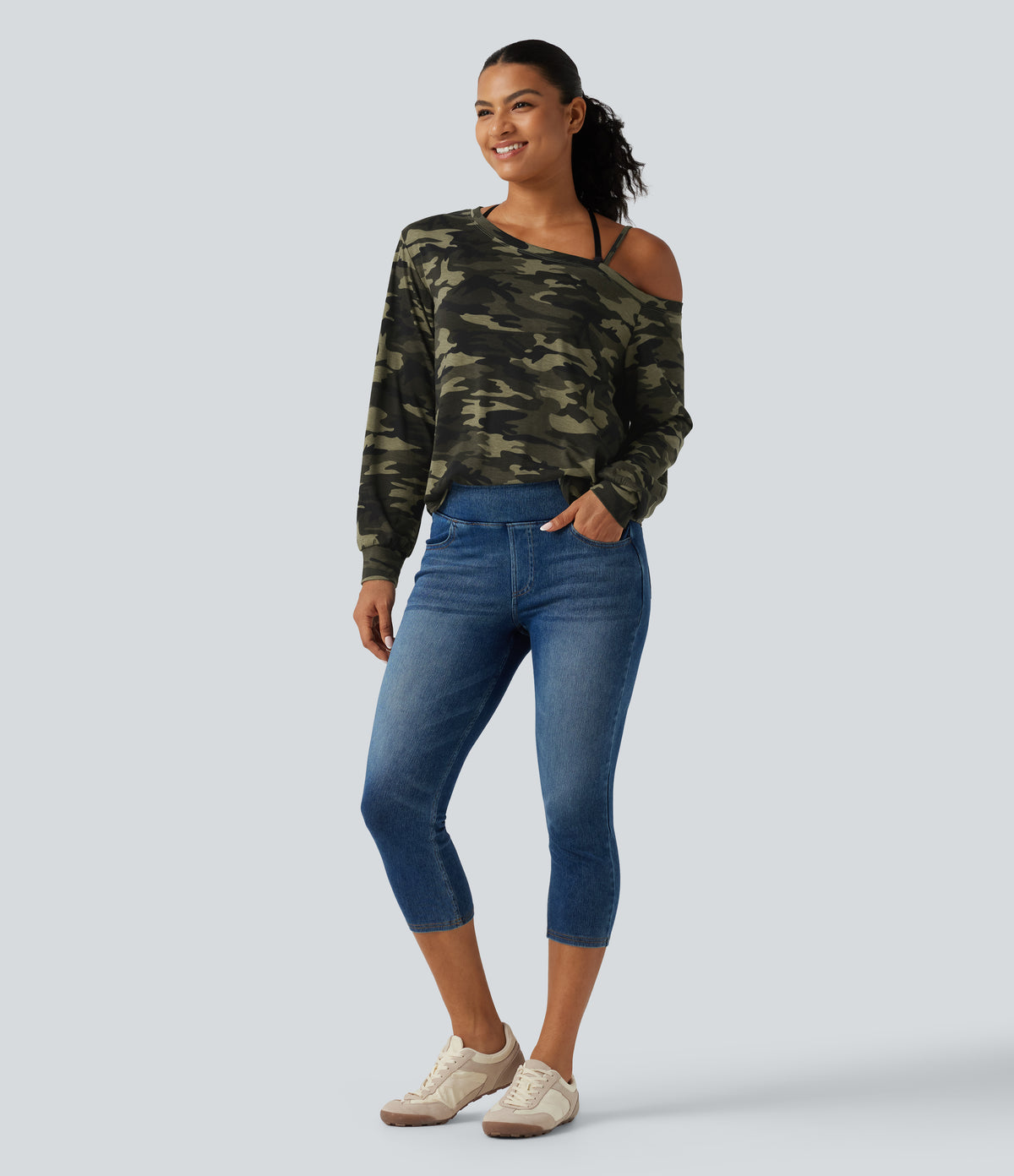 One Shoulder Long Sleeve Camo Casual Top — Born to be Wild - Green Camo — view 7
