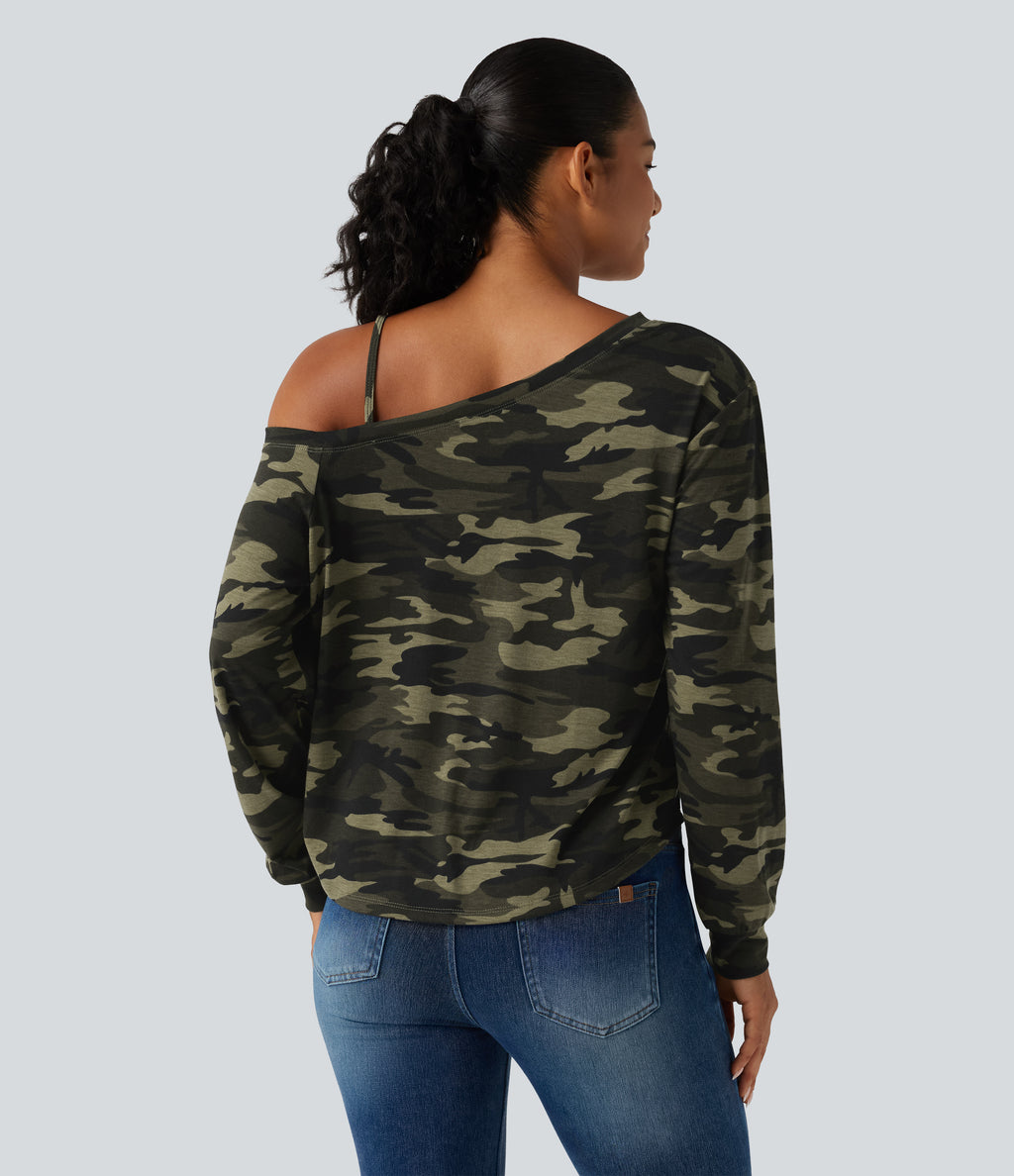 One Shoulder Long Sleeve Camo Casual Top — Born to be Wild - Green Camo — view 2