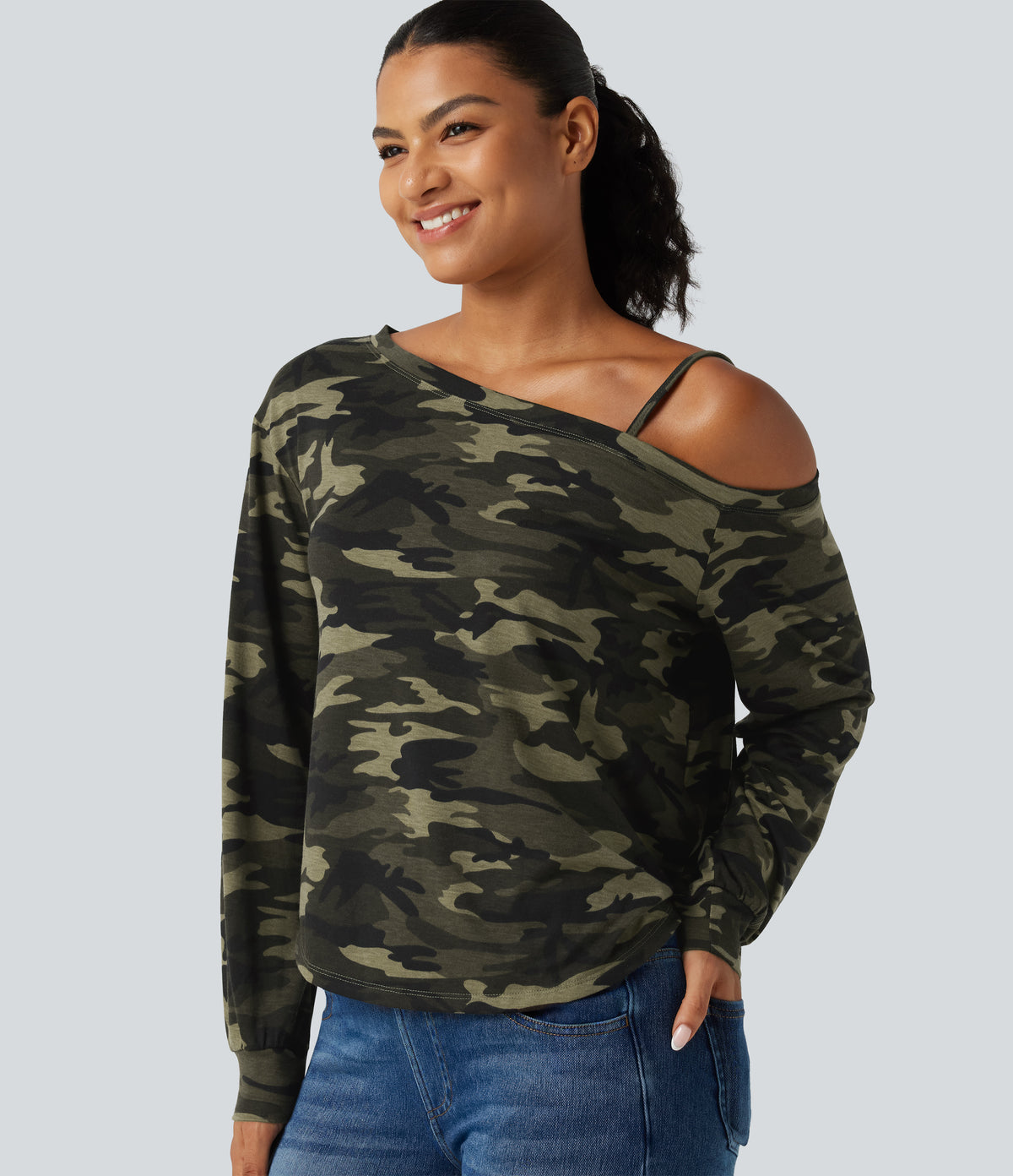 One Shoulder Long Sleeve Camo Casual Top — Born to be Wild - Green Camo — view 1