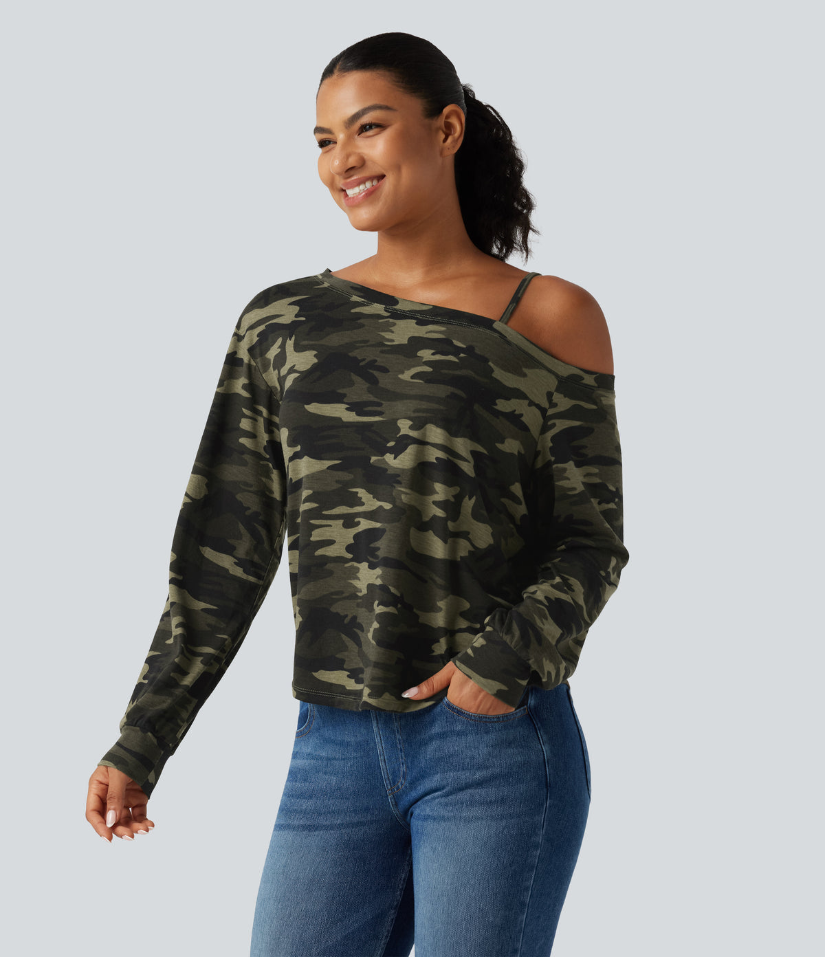 One Shoulder Long Sleeve Camo Casual Top — Born to be Wild - Green Camo — view 4