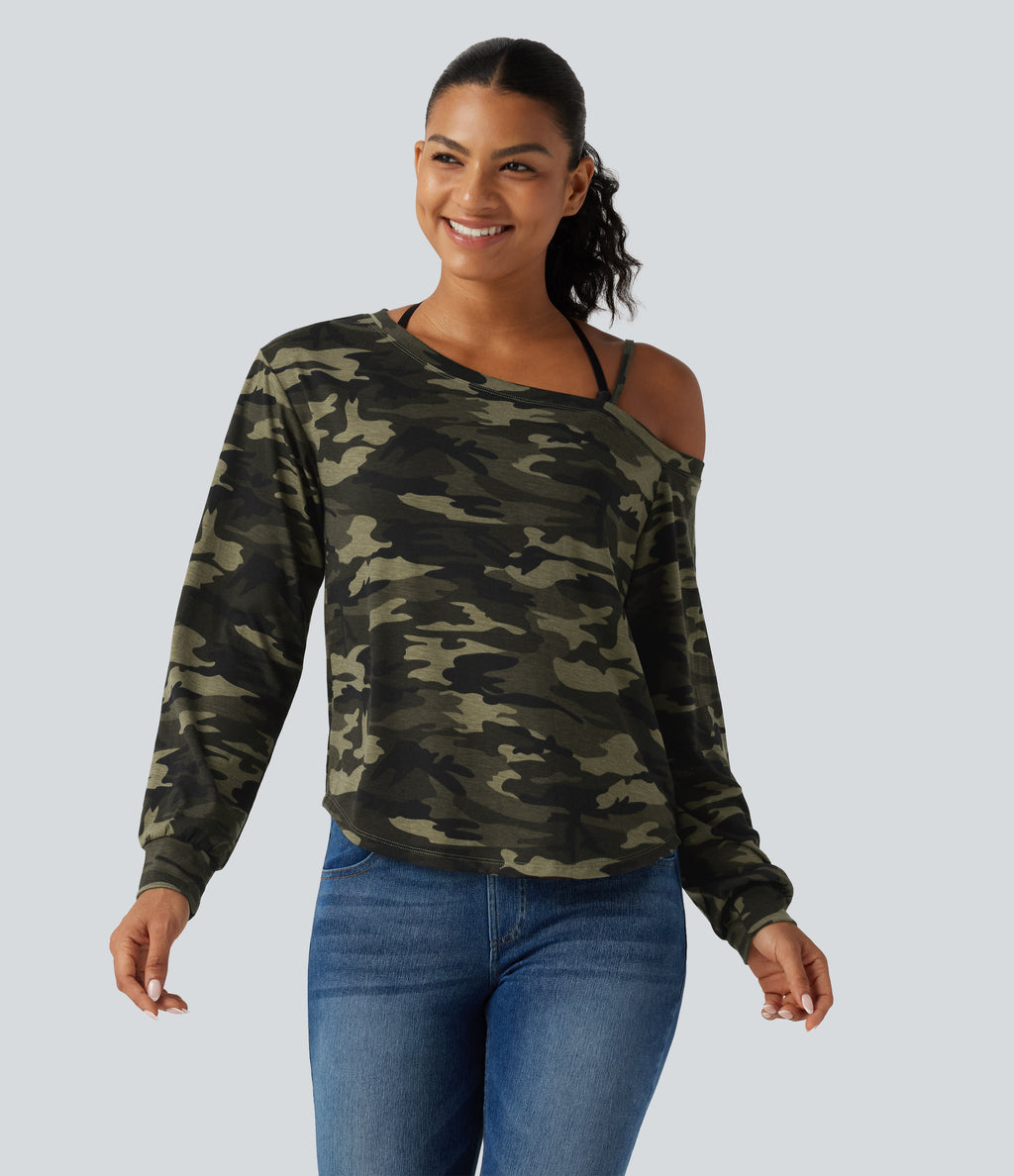 One Shoulder Long Sleeve Camo Casual Top — Born to be Wild - Green Camo — view 5