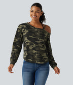 One Shoulder Long Sleeve Camo Casual Top — Born to be Wild - Green Camo — view 5