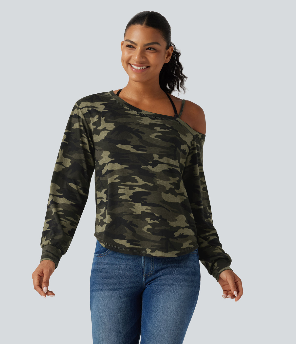 One Shoulder Long Sleeve Camo Casual Top — Born to be Wild - Green Camo — view 5