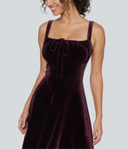 Square Neck Lace Up Ruched Built-in Bra Corset Velvet Midi Casual Milkmaid Dress — Dusky purple — view 5