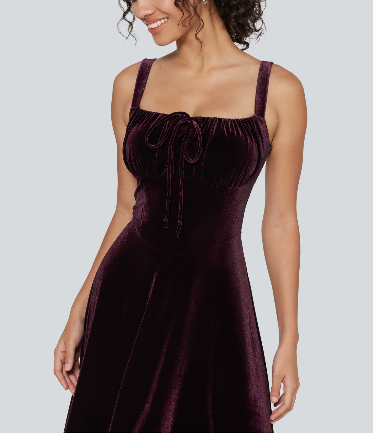 Square Neck Lace Up Ruched Built-in Bra Corset Velvet Midi Casual Milkmaid Dress — Dusky purple — view 5