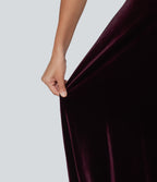 Square Neck Lace Up Ruched Built-in Bra Corset Velvet Midi Casual Milkmaid Dress — Dusky purple — view 6