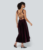 Square Neck Lace Up Ruched Built-in Bra Corset Velvet Midi Casual Milkmaid Dress — Dusky purple — view 2