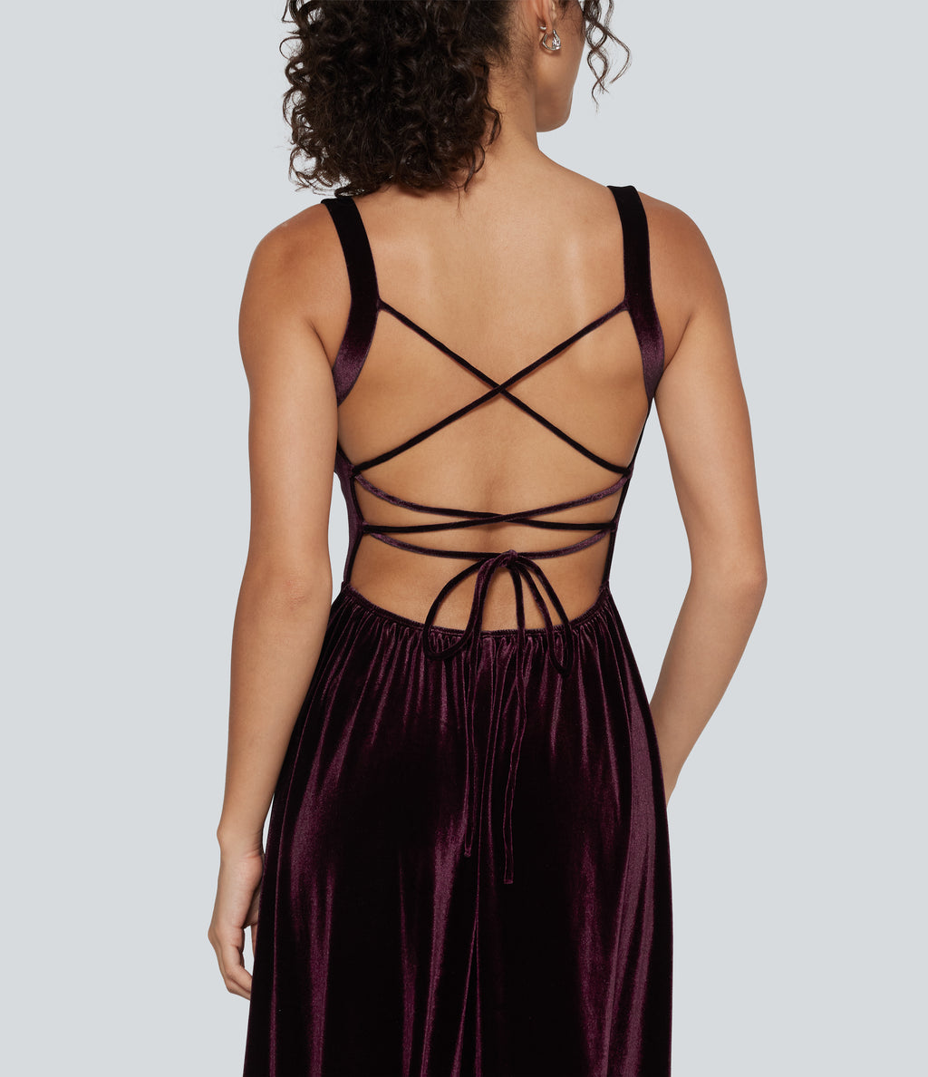 Square Neck Lace Up Ruched Built-in Bra Corset Velvet Midi Casual Milkmaid Dress — Dusky purple — view 4