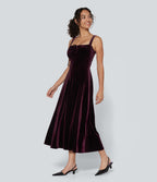 Square Neck Lace Up Ruched Built-in Bra Corset Velvet Midi Casual Milkmaid Dress — Dusky purple — view 3