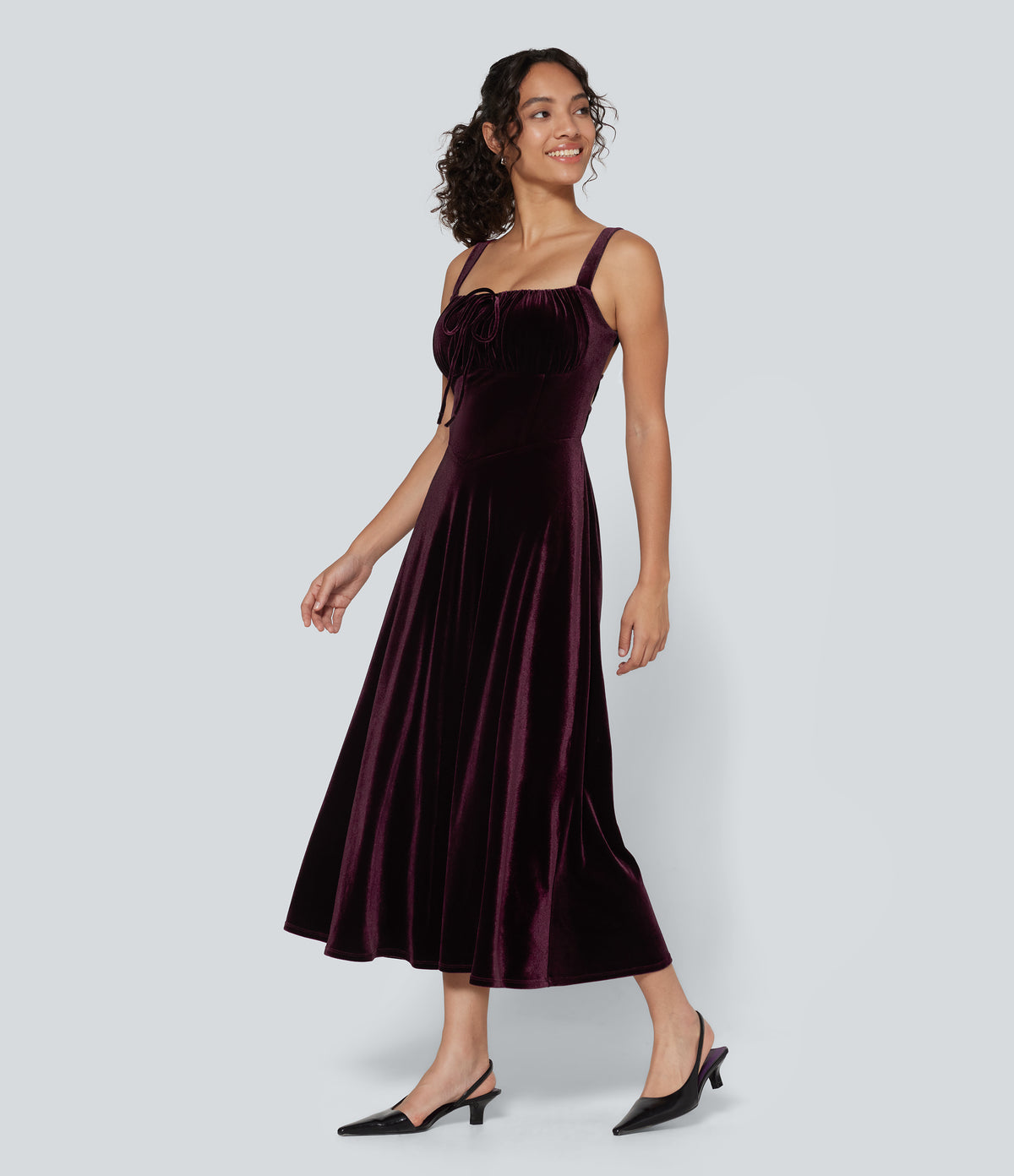 Square Neck Lace Up Ruched Built-in Bra Corset Velvet Midi Casual Milkmaid Dress — Dusky purple — view 3