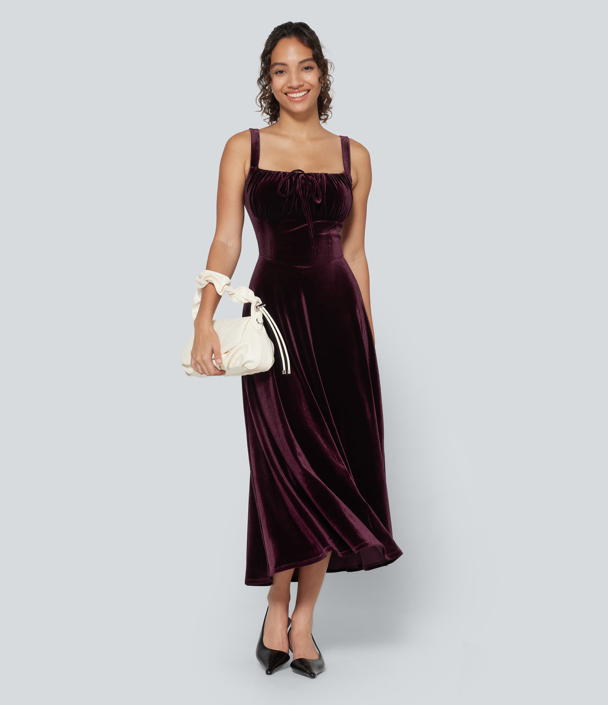 Square Neck Lace Up Ruched Built-in Bra Corset Velvet Midi Casual Milkmaid Dress — Dusky purple — view 7