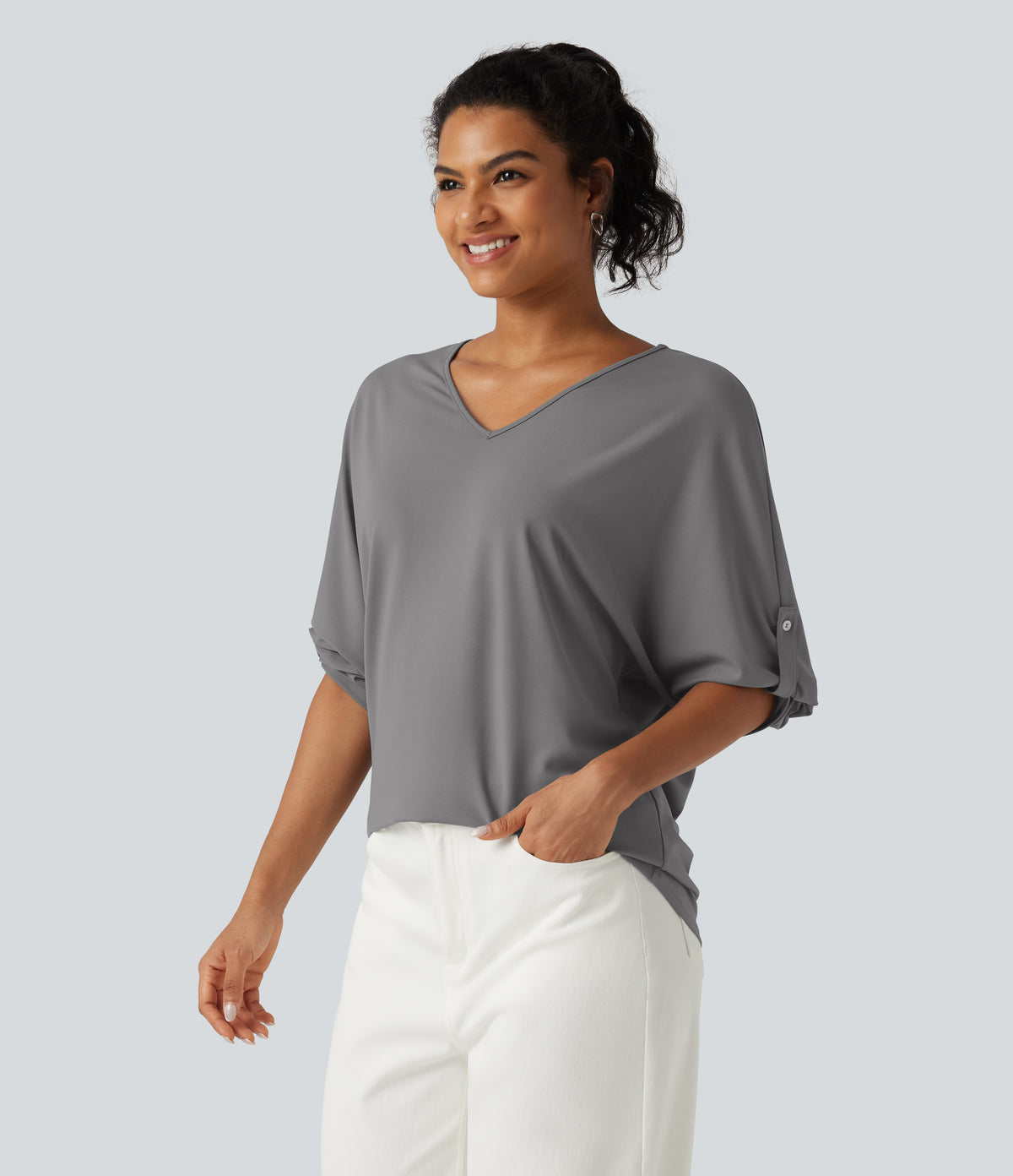 V Neck Long Sleeve Work Blouse — Ultimate Gray — view 4