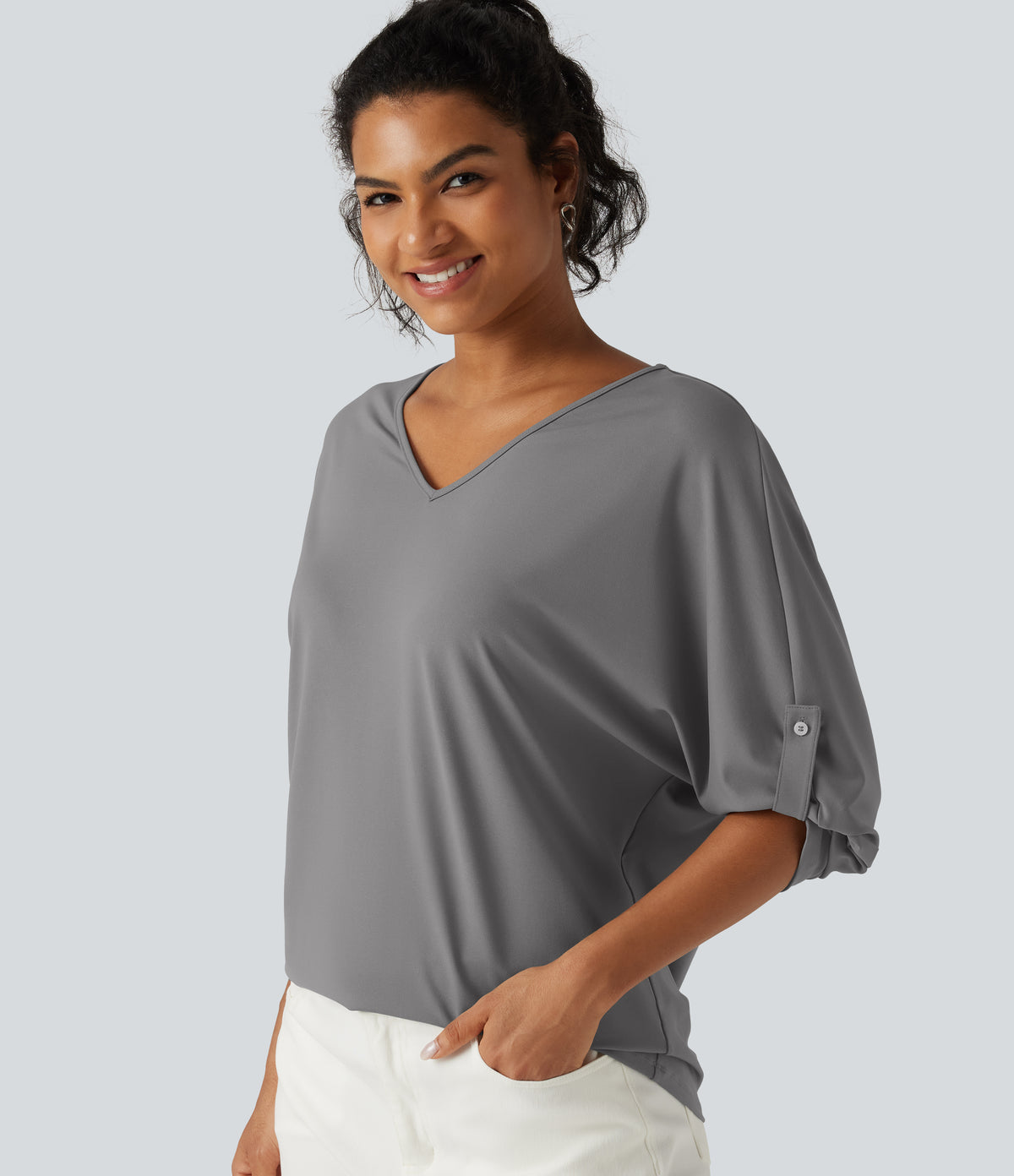 V Neck Long Sleeve Work Blouse — Ultimate Gray — view 3