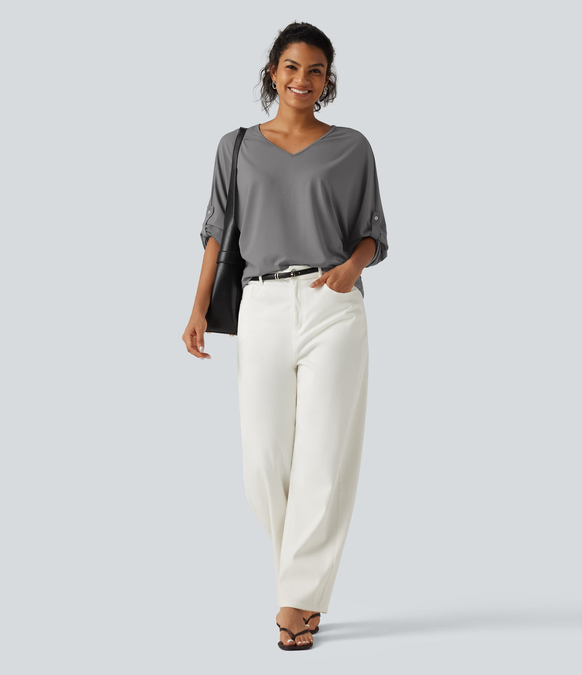 V Neck Long Sleeve Work Blouse — Ultimate Gray — view 8