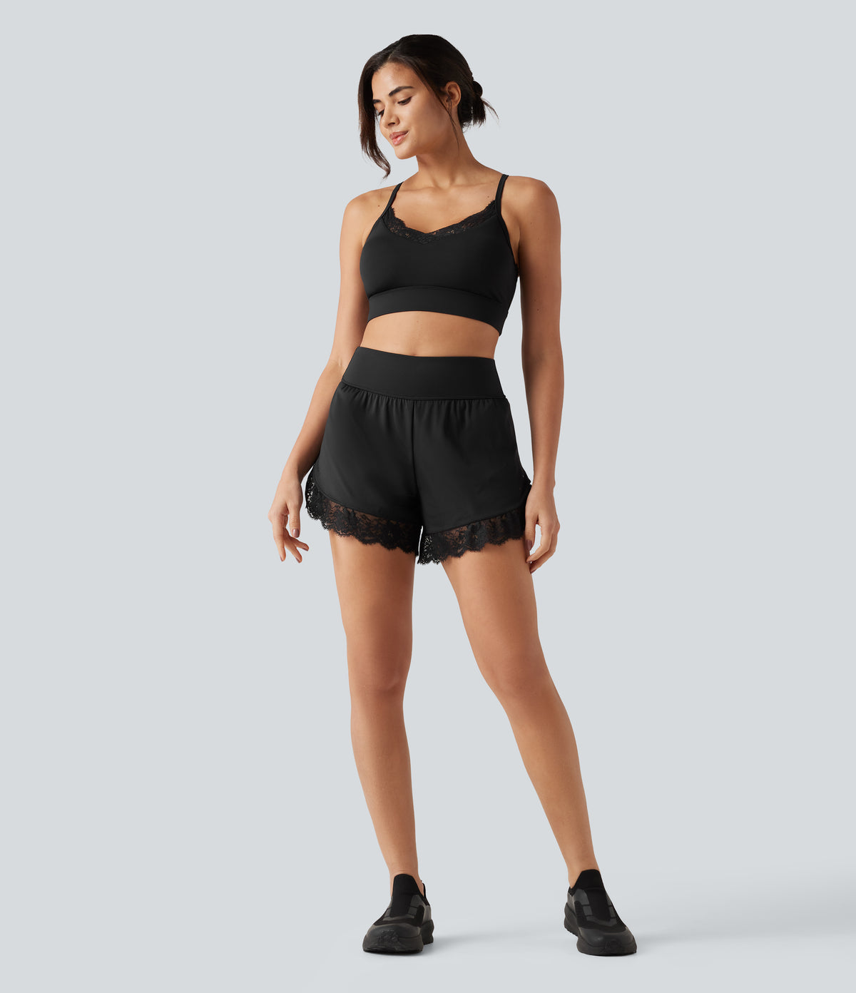 Airy Light Support Sweetheart Neck Contrast Lace Built-in Bra InstantCool Workout Sports Bra-UPF50+ — Black — view 8