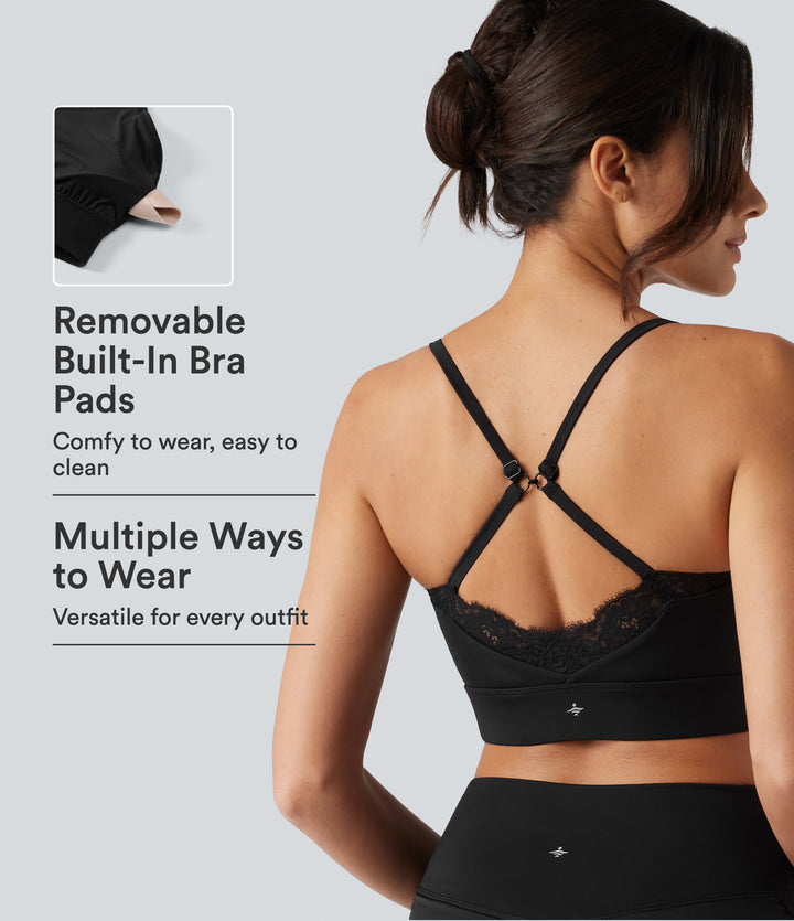 Airy Light Support Sweetheart Neck Contrast Lace Built-in Bra InstantCool Workout Sports Bra-UPF50+ — Black — view 1